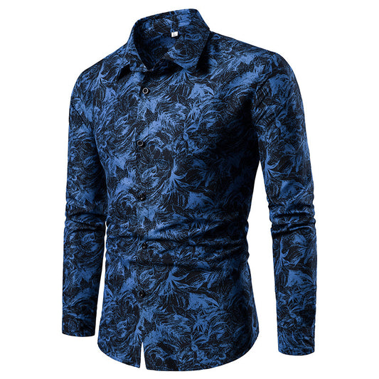 Autumn and Winter Mens Shirt Printed Casual Long Sleeved Shirt Slim Fit Male Social Dress Shirt For Men (FCF)